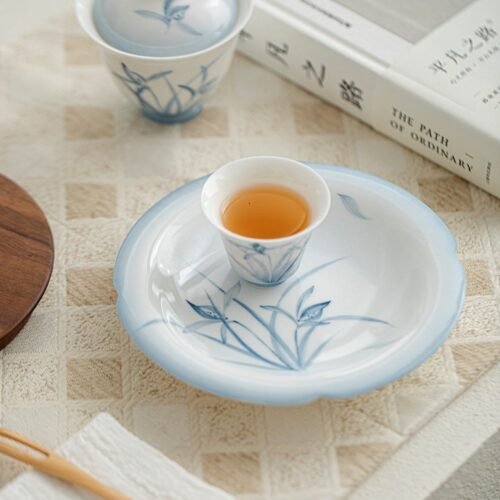 Jade Clay Cloud Orchid Tea Tray - Rolled Rim Ceramic Drip Catcher, Handmade Gongfu Tea Tray