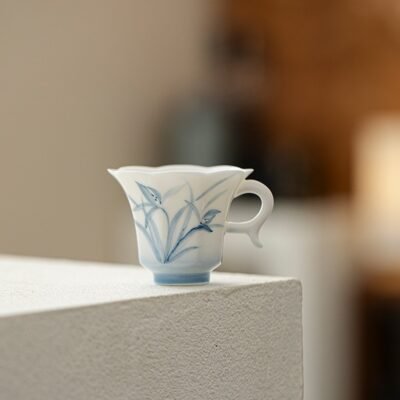 Jade Clay Cloud Orchid Tea Cup - Zen Lantern Handle Ceramic Teaware
