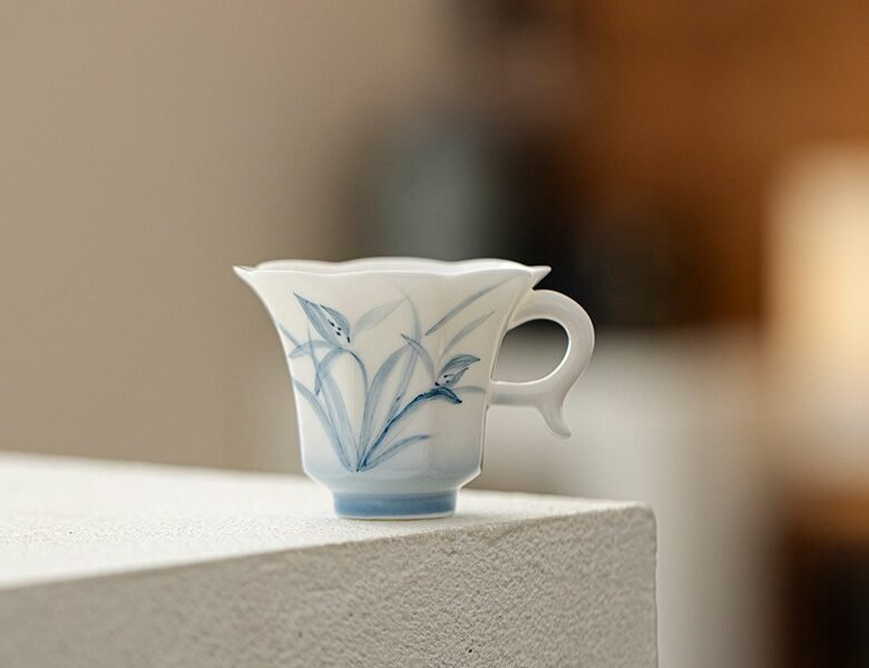 Jade Clay Cloud Orchid Tea Cup - Zen Lantern Handle Ceramic Teaware