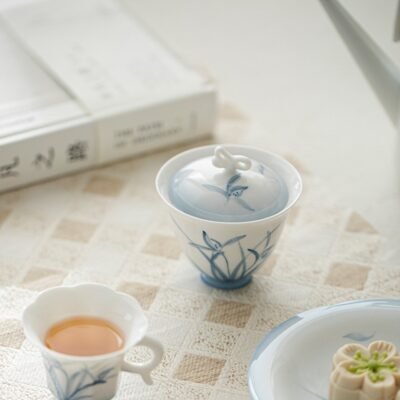 Jade Clay Cloud Orchid Gaiwan - Dancing Butterfly Lidded Tea Bowl