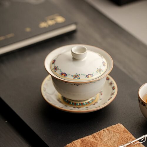 Beige Dunhuang Flying Apsaras Gaiwan - Joyful Harvest Triple Harmony Tea Set