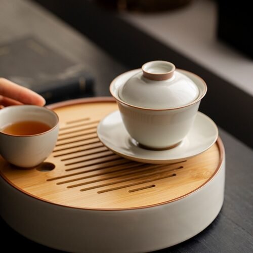 详情-6 Beige Ruyao Triple Harmony Gaiwan - Celadon Lidded Tea Bowl Set