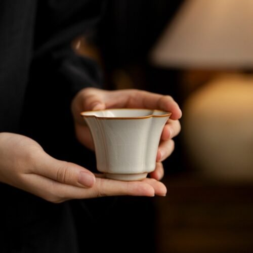 Beige Ruyao Plum Blossom Tea Cup - Celadon Winter Elegance