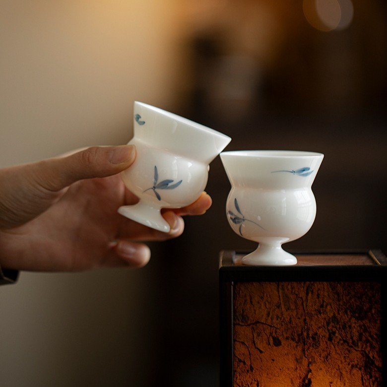 Jade Clay Autumn Orchid Tea Cup - Elegant Stemmed Ceramic Teaware
