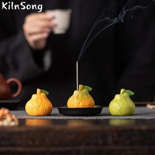 Orange Ceramic Stick Incense Holder - Handmade Fruit Incense Burner
