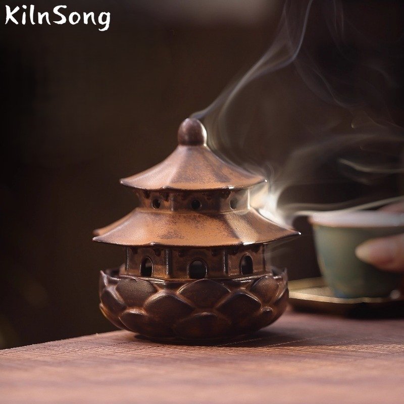 Lotus Pavilion Ceramic Incense Burner - Handmade Oriental Pavilion Smoke Holder