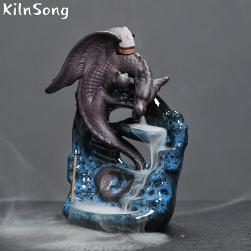 Blue Dragon Waterfall Backflow Incense Burner - Handmade Ceramic Smoke Holder