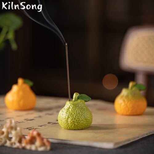 Orange Ceramic Stick Incense Holder - Handmade Fruit Incense Burner