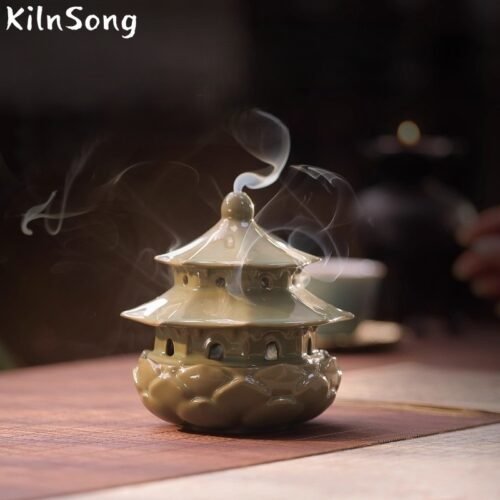 Lotus Pavilion Ceramic Incense Burner - Handmade Oriental Pavilion Smoke Holder