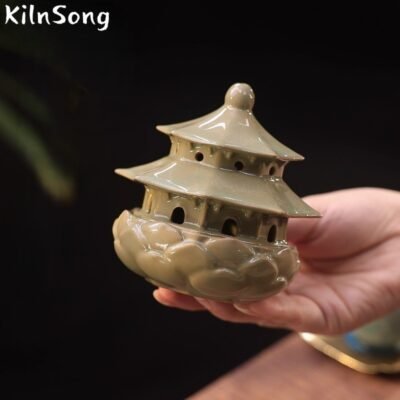 Lotus Pavilion Ceramic Incense Burner - Handmade Oriental Pavilion Smoke Holder