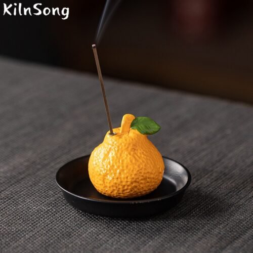 Orange Ceramic Stick Incense Holder - Handmade Fruit Incense Burner