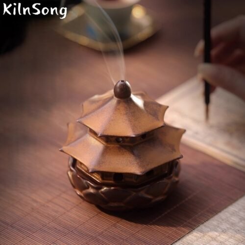 Lotus Pavilion Ceramic Incense Burner - Handmade Oriental Pavilion Smoke Holder