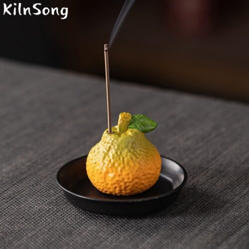 Orange Ceramic Stick Incense Holder - Handmade Fruit Incense Burner