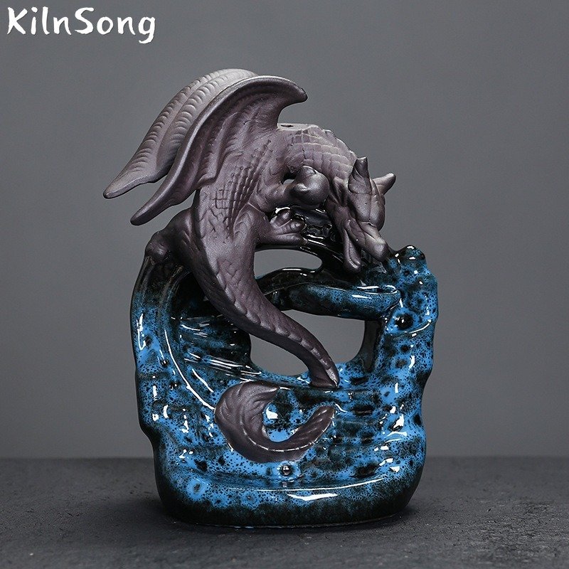 Blue Dragon Waterfall Backflow Incense Burner - Handmade Ceramic Smoke Holder