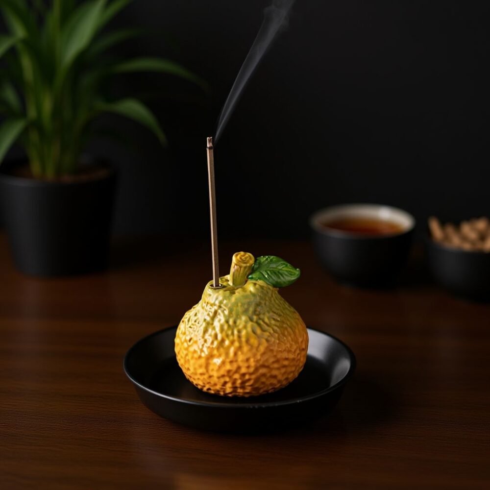 Orange Ceramic Stick Incense Holder - Handmade Fruit Incense Burner