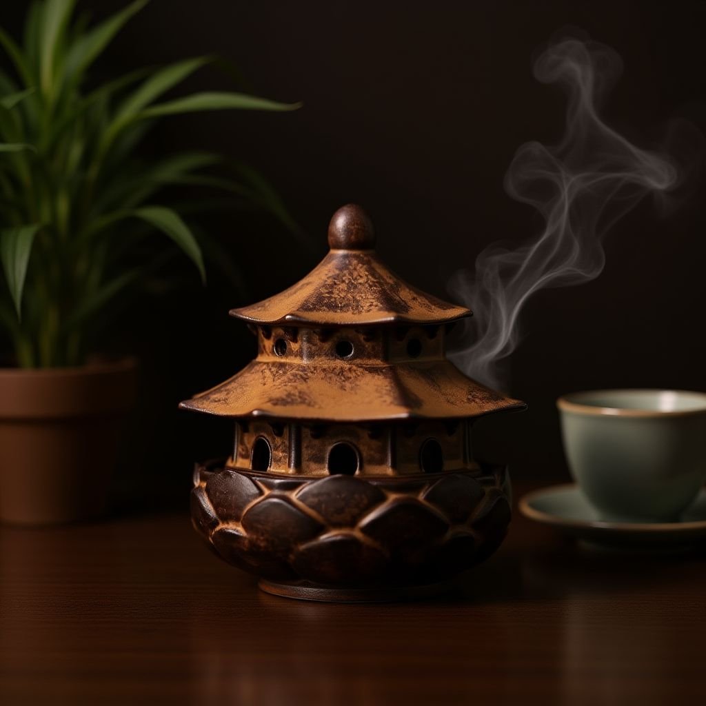 Lotus Pavilion Ceramic Incense Burner - Handmade Oriental Pavilion Smoke Holder