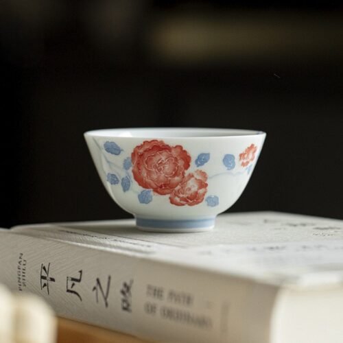 山茶 Hand-Painted White Porcelain Teacup – Twelve Flower Goddesses Collection