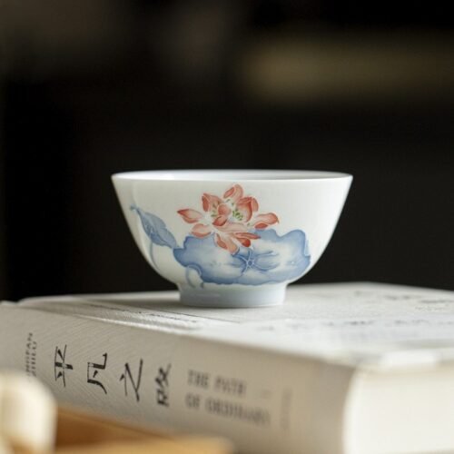 荷花 Hand-Painted White Porcelain Teacup – Twelve Flower Goddesses Collection