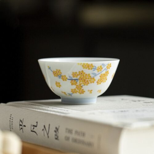 迎春 Hand-Painted White Porcelain Teacup – Twelve Flower Goddesses Collection
