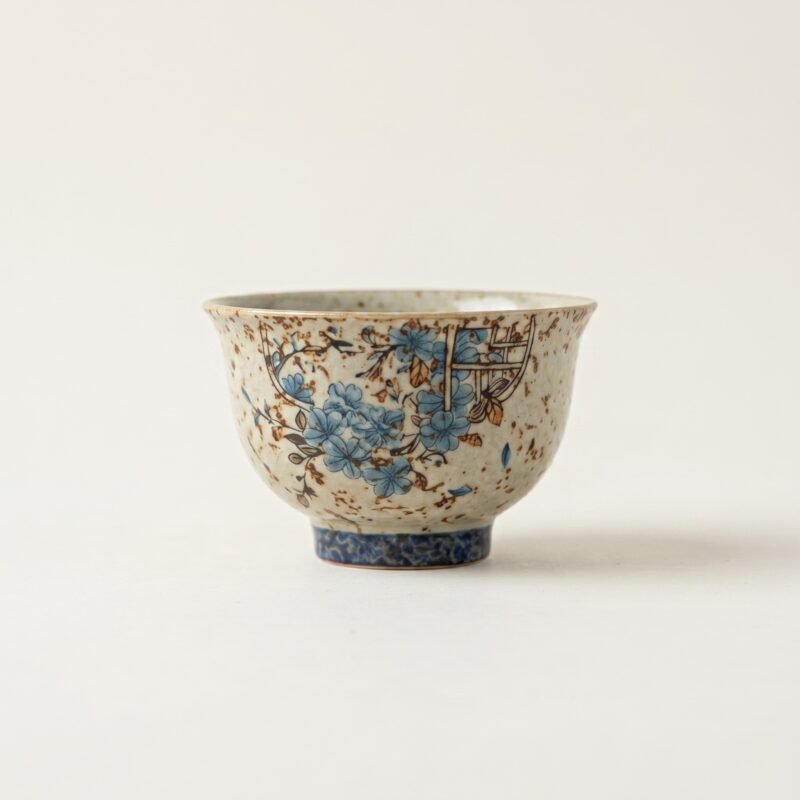 Gemini_Generated_Image_iq9wfsiq9wfsiq9w Antique style "Window Flower" ceramic tea cup with hand-applied blue flower patterns and heavy rustic brown speckles, isolated on a white background.