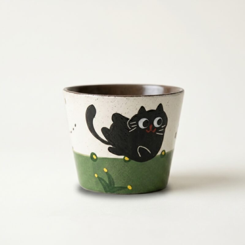 Gemini_Generated_Image_mae0e0mae0e0mae0 KilnSongStudio handmade ceramic cat cup with a hand-painted black cat in a green spring garden, featuring a rustic speckled texture and Wabi-sabi design.
