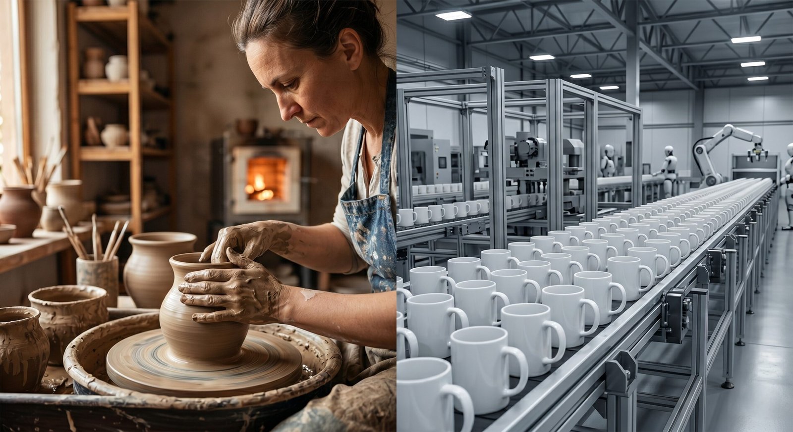 An artisan's mud-stained hands shaping raw clay into a tea cup on a spinning potter's wheel inside an authentic ceramic studio.