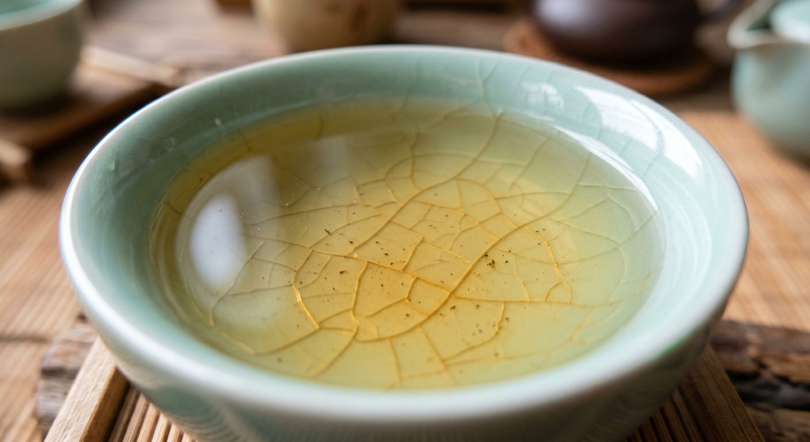 Close-up of a jade-green celadon tea cup filled with pale yellow oolong tea, showing the beautiful microscopic ice-crackle lines inside the glaze.