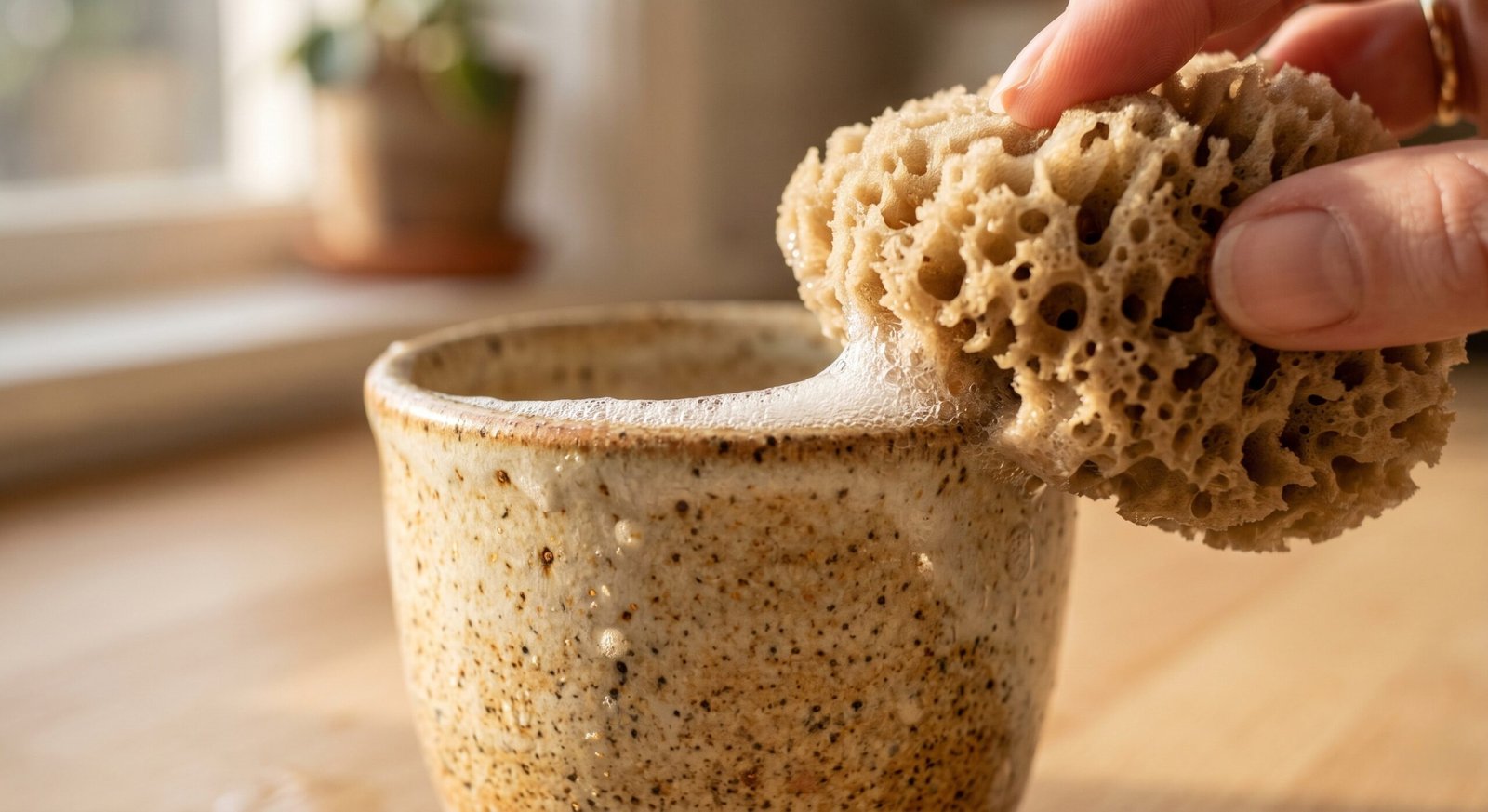 A soft natural sponge cleaning the delicate rim of a handmade studio pottery mug, illustrating safe maintenance.