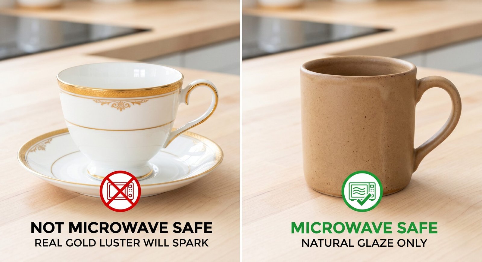 Side-by-side comparison of a gold-rimmed ceramic cup marked as not microwave-safe, next to a plain high-fired rustic stoneware mug that is microwave-safe.