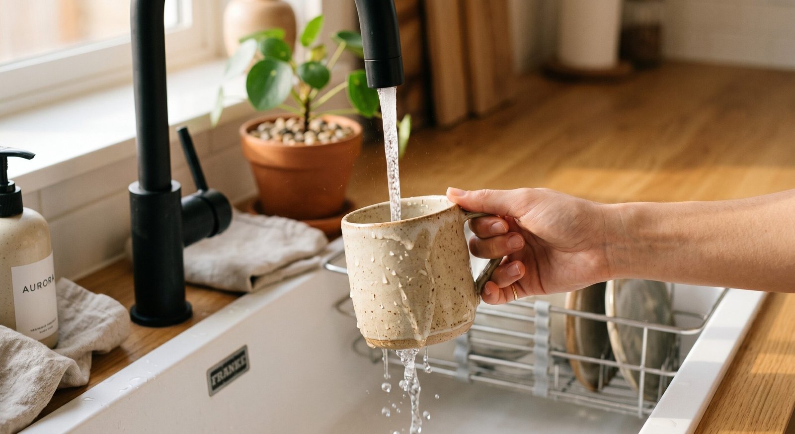 A modern minimalist kitchen setting showing a person gently rinsing a beautiful matte-glazed handcrafted stoneware mug under warm running water.