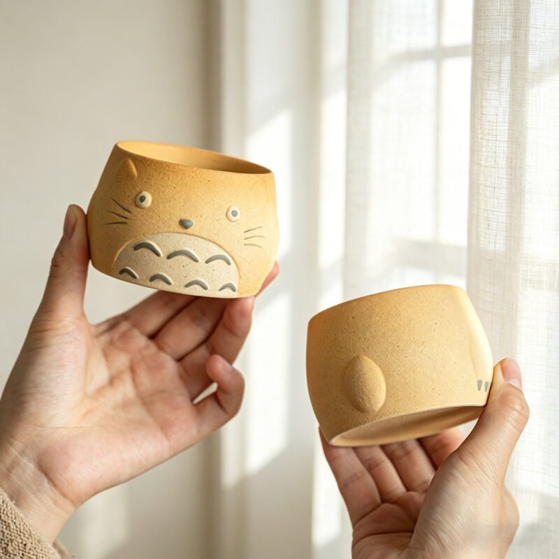 Handmade earthy brown ceramic totoro tea cup with a cute sculpted face and a grey textured belly, isolated on a white background