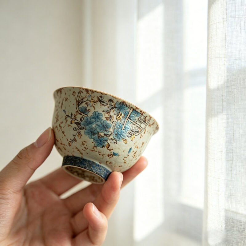 image11 Antique style "Window Flower" ceramic tea cup with hand-applied blue flower patterns and heavy rustic brown speckles, isolated on a white background.