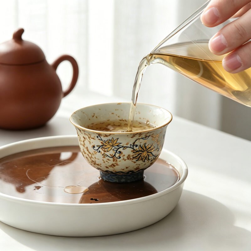 image13 Antique style "Window Flower" ceramic tea cup with hand-applied blue flower patterns and heavy rustic brown speckles, isolated on a white background.