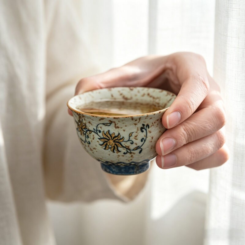 image2 Antique style "Window Flower" ceramic tea cup with hand-applied blue flower patterns and heavy rustic brown speckles, isolated on a white background.