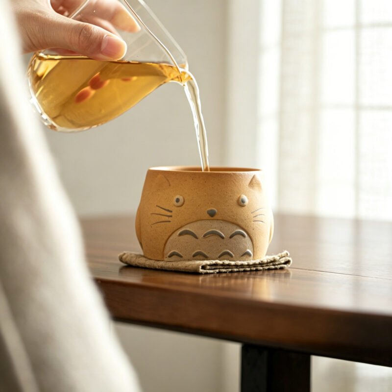 Handmade earthy brown ceramic totoro tea cup with a cute sculpted face and a grey textured belly, isolated on a white background