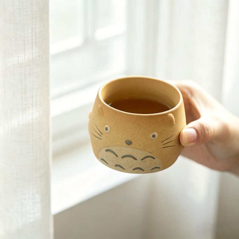 Handmade earthy brown ceramic totoro tea cup with a cute sculpted face and a grey textured belly, isolated on a white background