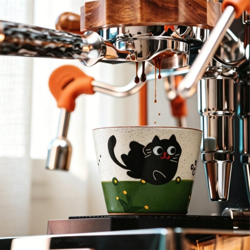 image_1 KilnSongStudio handmade ceramic cat cup with a hand-painted black cat in a green spring garden, featuring a rustic speckled texture and Wabi-sabi design.