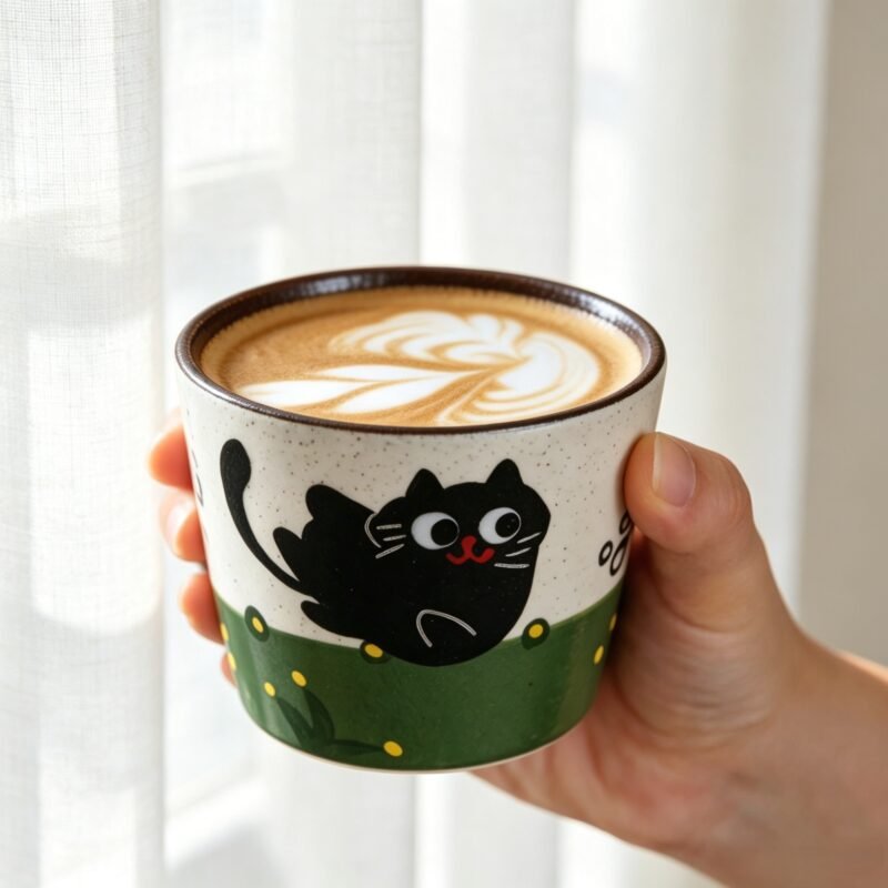 image_2 KilnSongStudio handmade ceramic cat cup with a hand-painted black cat in a green spring garden, featuring a rustic speckled texture and Wabi-sabi design.