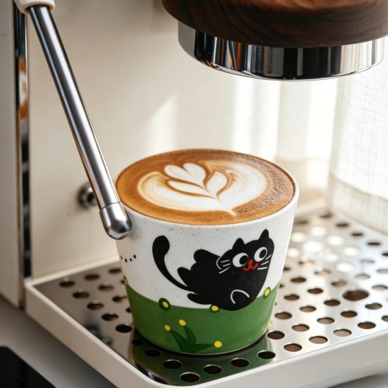 image_5 KilnSongStudio handmade ceramic cat cup with a hand-painted black cat in a green spring garden, featuring a rustic speckled texture and Wabi-sabi design.