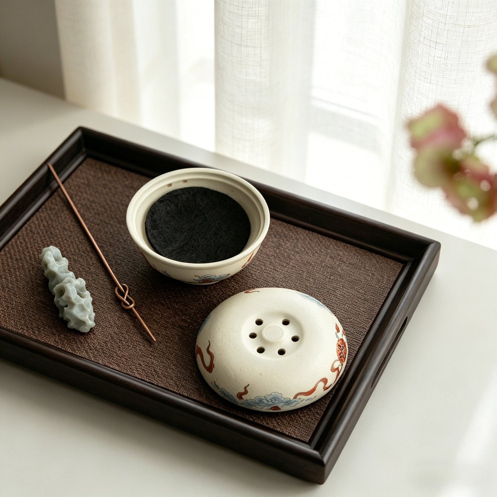 Jade Clay Tea Tray - Lotus Melody Design with Rolled Rim, Handmade Ceramic Tea Tray