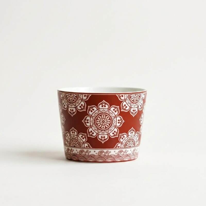 Vintage ceramic mug featuring a detailed bohemian mandala pattern and wave border, isolated on studio white background.
