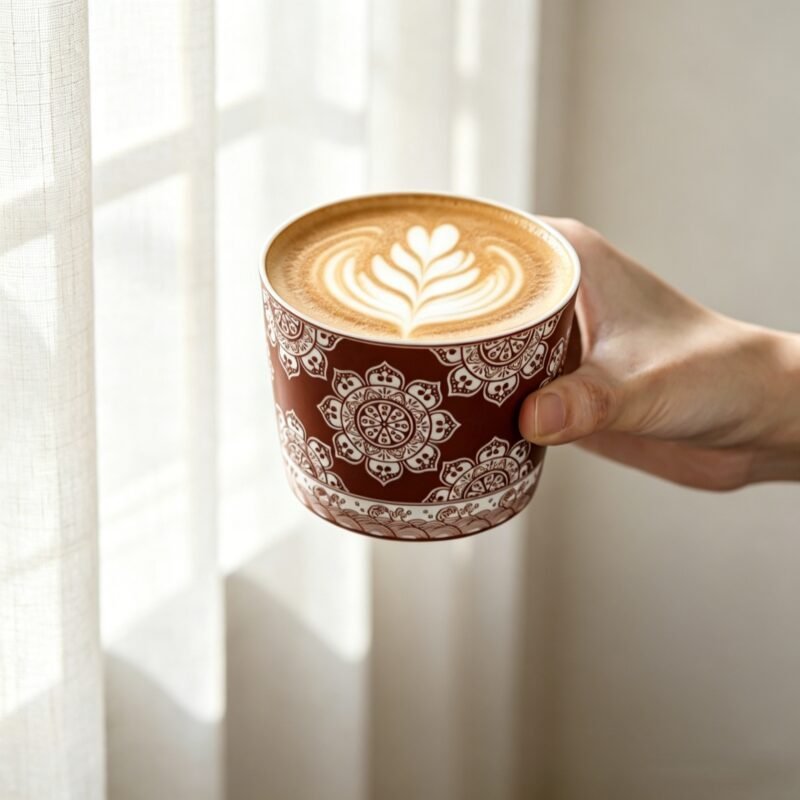 Vintage ceramic mug featuring a detailed bohemian mandala pattern and wave border, isolated on studio white background.