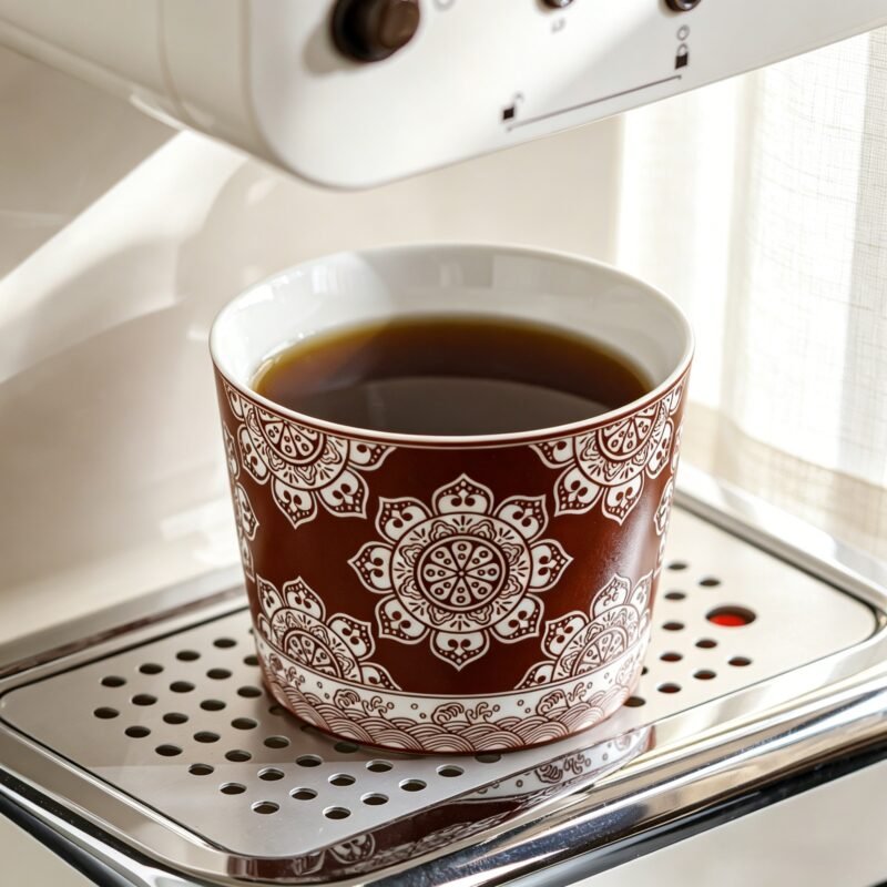 Vintage ceramic mug featuring a detailed bohemian mandala pattern and wave border, isolated on studio white background.