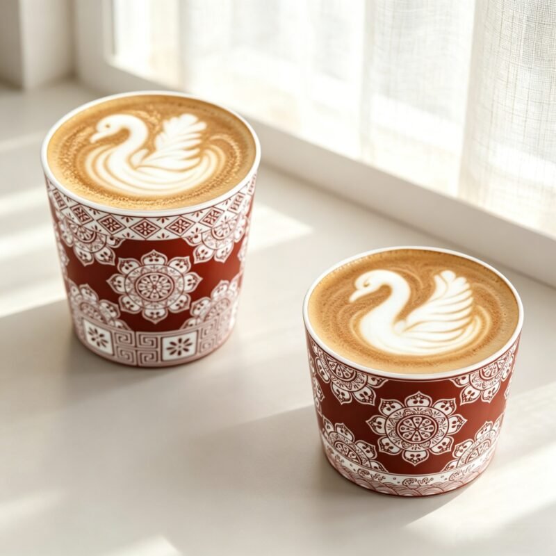 Vintage ceramic mug featuring a detailed bohemian mandala pattern and wave border, isolated on studio white background.