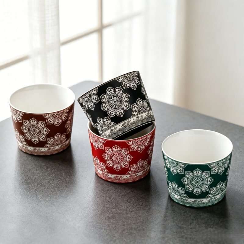Vintage ceramic mug featuring a detailed bohemian mandala pattern and wave border, isolated on studio white background.