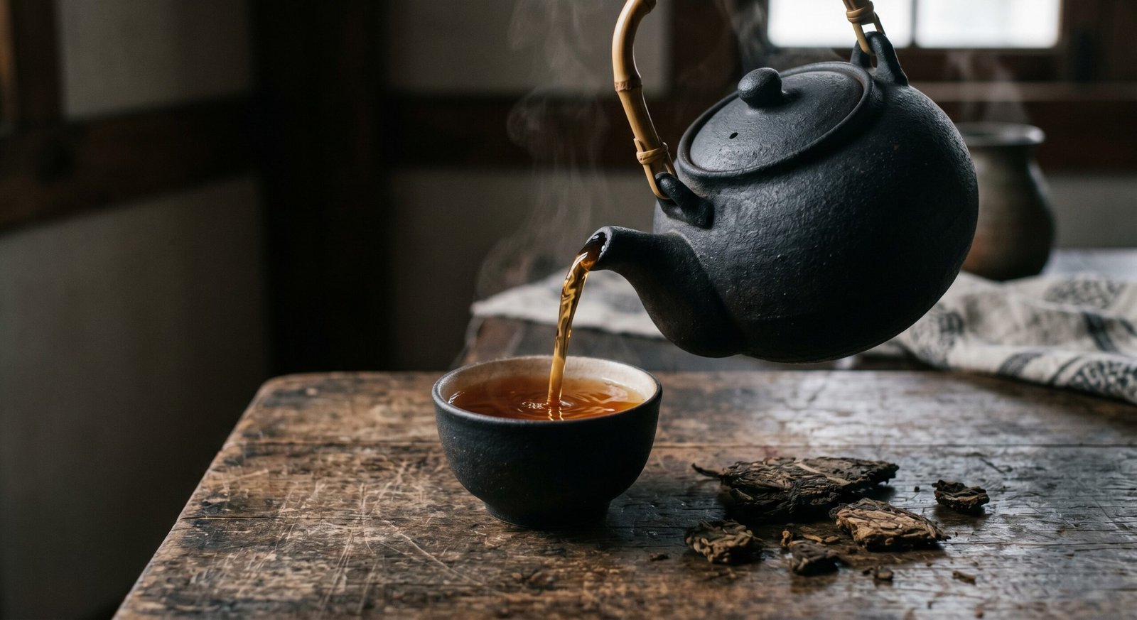 A moody, Wabi-sabi style photo of a textured charcoal-grey stoneware teapot pouring rich, amber-colored dark tea into a matching cup.