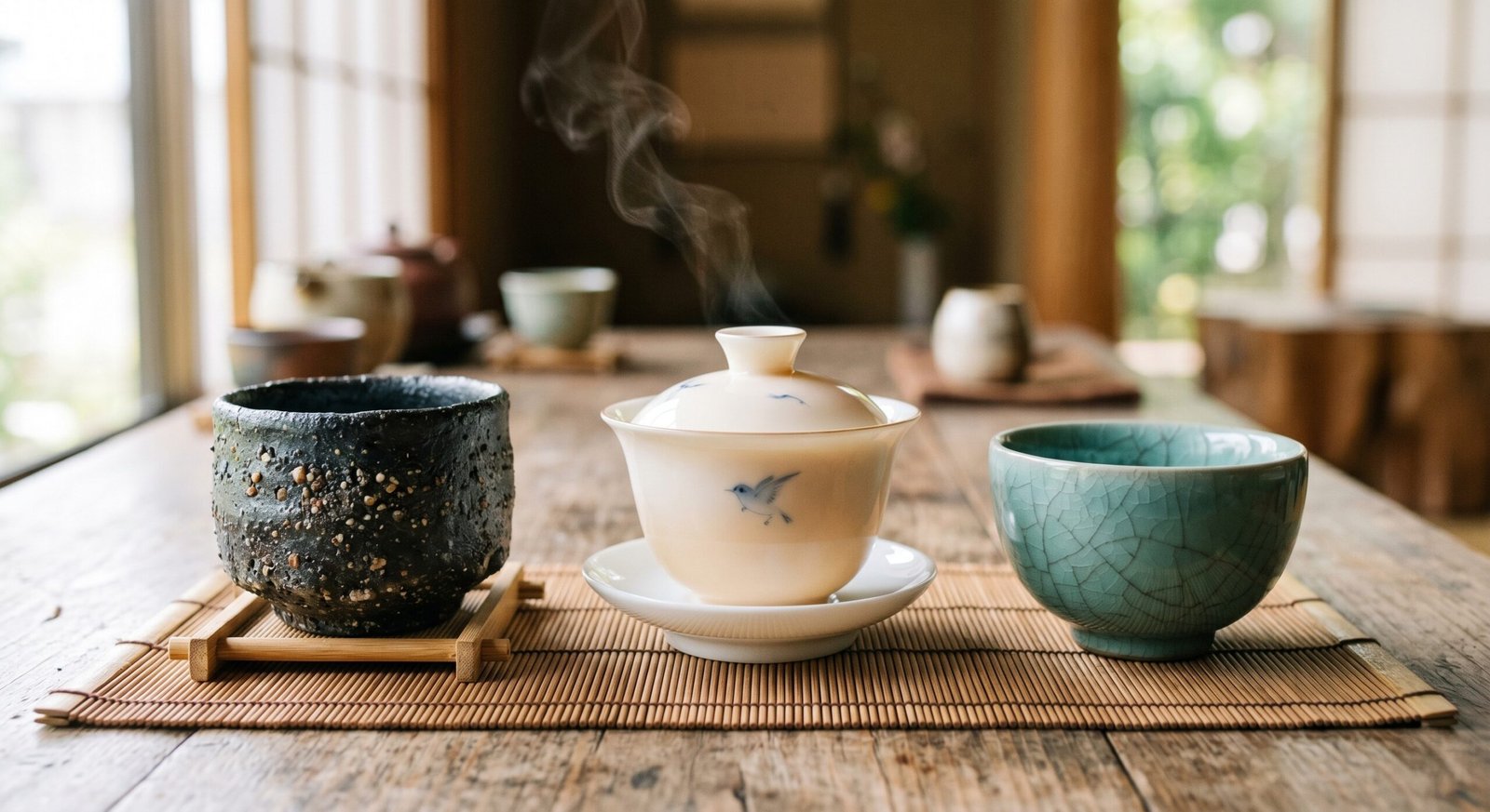 Three distinct tea cups made of rustic stoneware, pure white porcelain, and jade-like celadon arranged side-by-side on a minimalist bamboo tea mat.