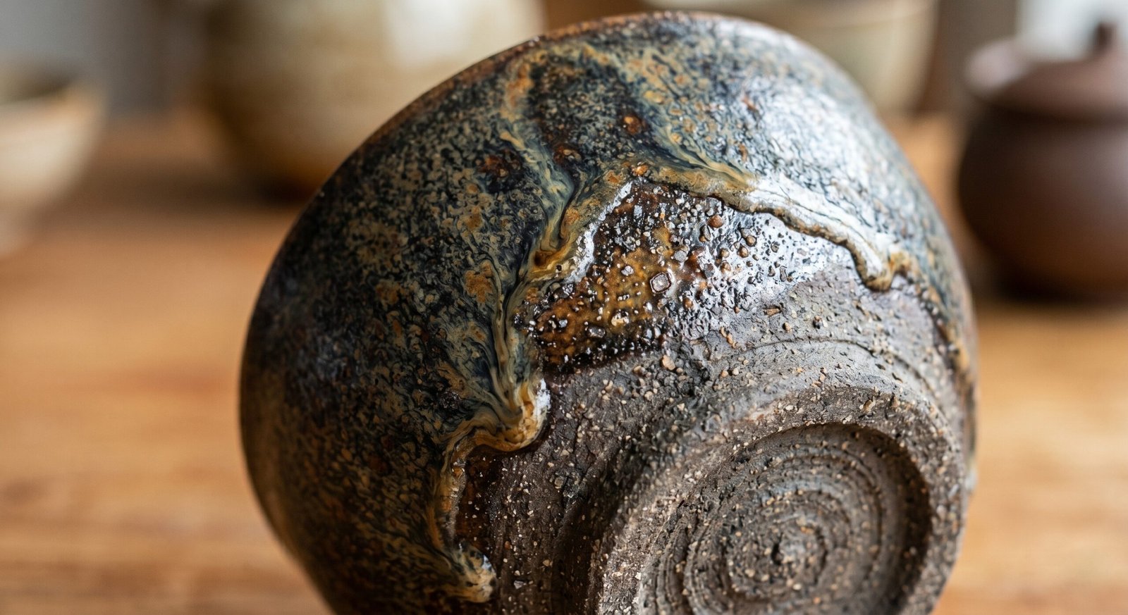 Macro close-up shot of the unique matte glaze texture and natural kiln transformation markings on a handcrafted stoneware tea cup.